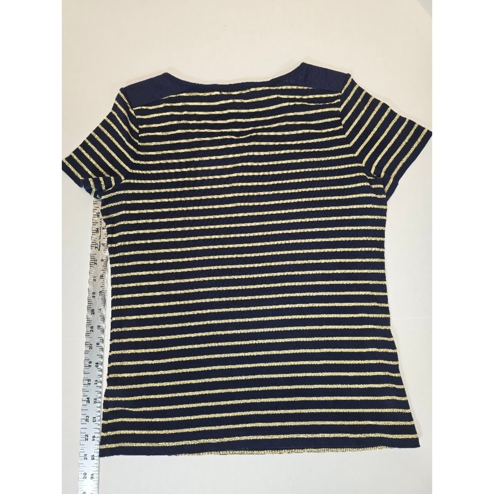 Lauren Ralph Lauren‎ Striped Knit Top Gold Button Detail Short Sleeve Size M